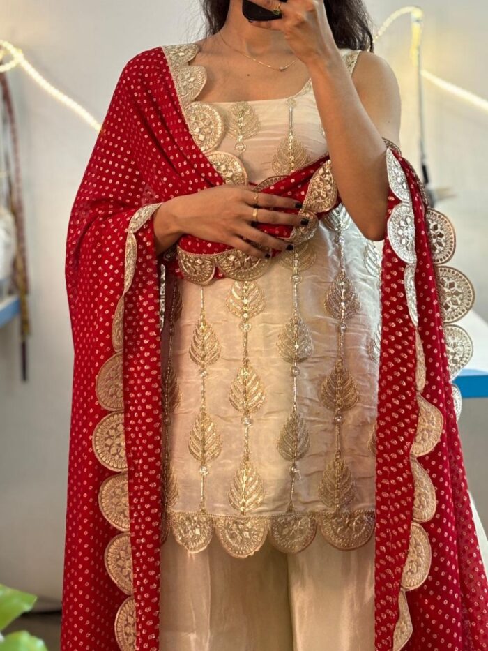 ✨ Elegant Ethnic Charm in Every Thread – Style Redefined! ✨A graceful Chinon ensemble featuring intricate embroidery and sequence work. Paired with a soft Plazo and a Bandhani print dupatta, it offers elegance, comfort, and festive flair. Sizes from XS to 2XL available. Perfect for all occasions! - Image 8