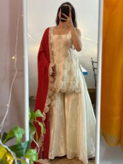 ✨ Elegant Ethnic Charm in Every Thread – Style Redefined! ✨A graceful Chinon ensemble featuring intricate embroidery and sequence work. Paired with a soft Plazo and a Bandhani print dupatta, it offers elegance, comfort, and festive flair. Sizes from XS to 2XL available. Perfect for all occasions!