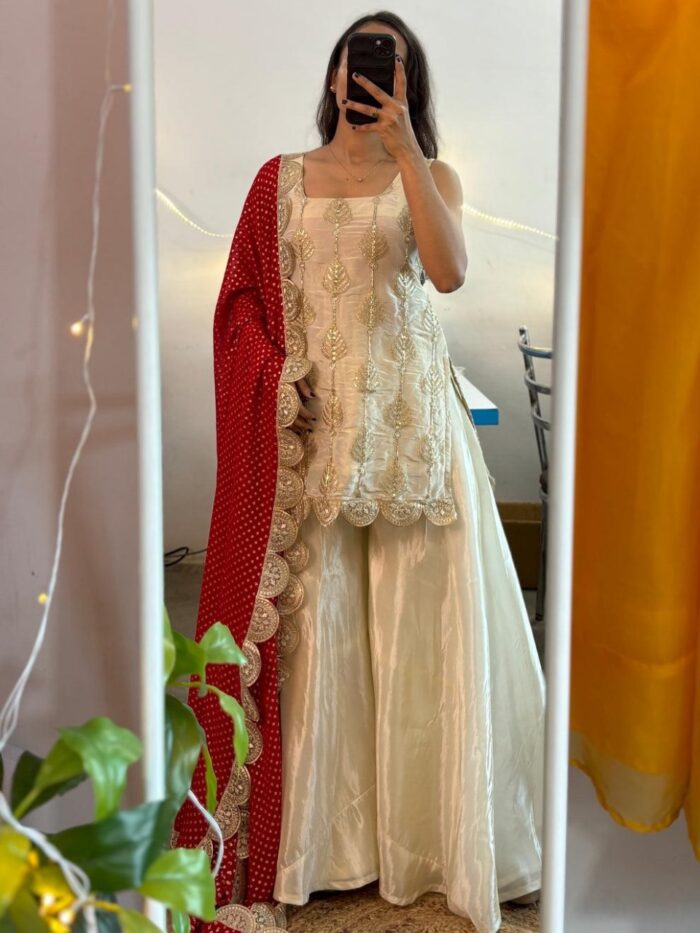 ✨ Elegant Ethnic Charm in Every Thread – Style Redefined! ✨A graceful Chinon ensemble featuring intricate embroidery and sequence work. Paired with a soft Plazo and a Bandhani print dupatta, it offers elegance, comfort, and festive flair. Sizes from XS to 2XL available. Perfect for all occasions! - Image 1
